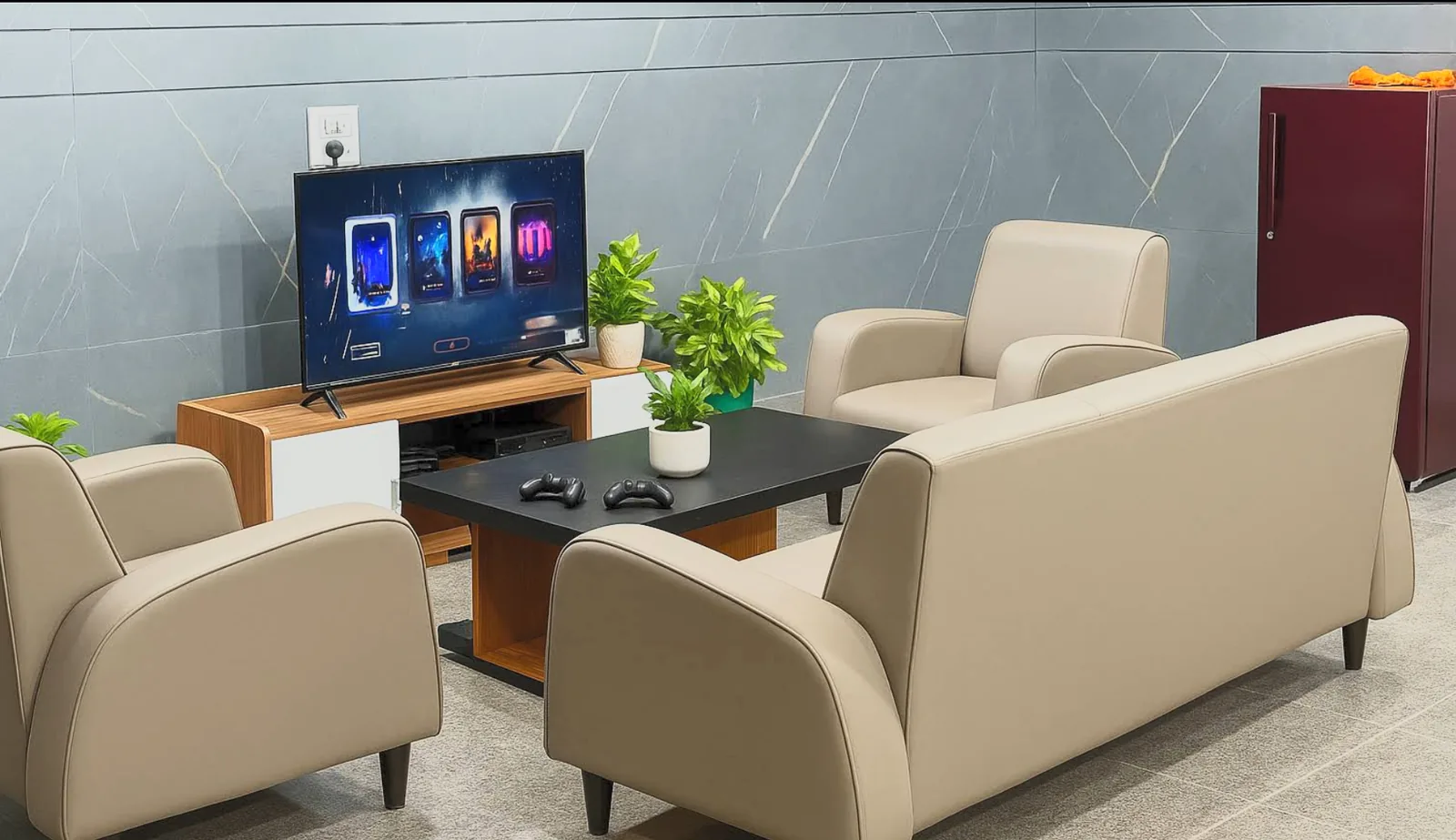Common lounge with upholstered seating, television and a games console.